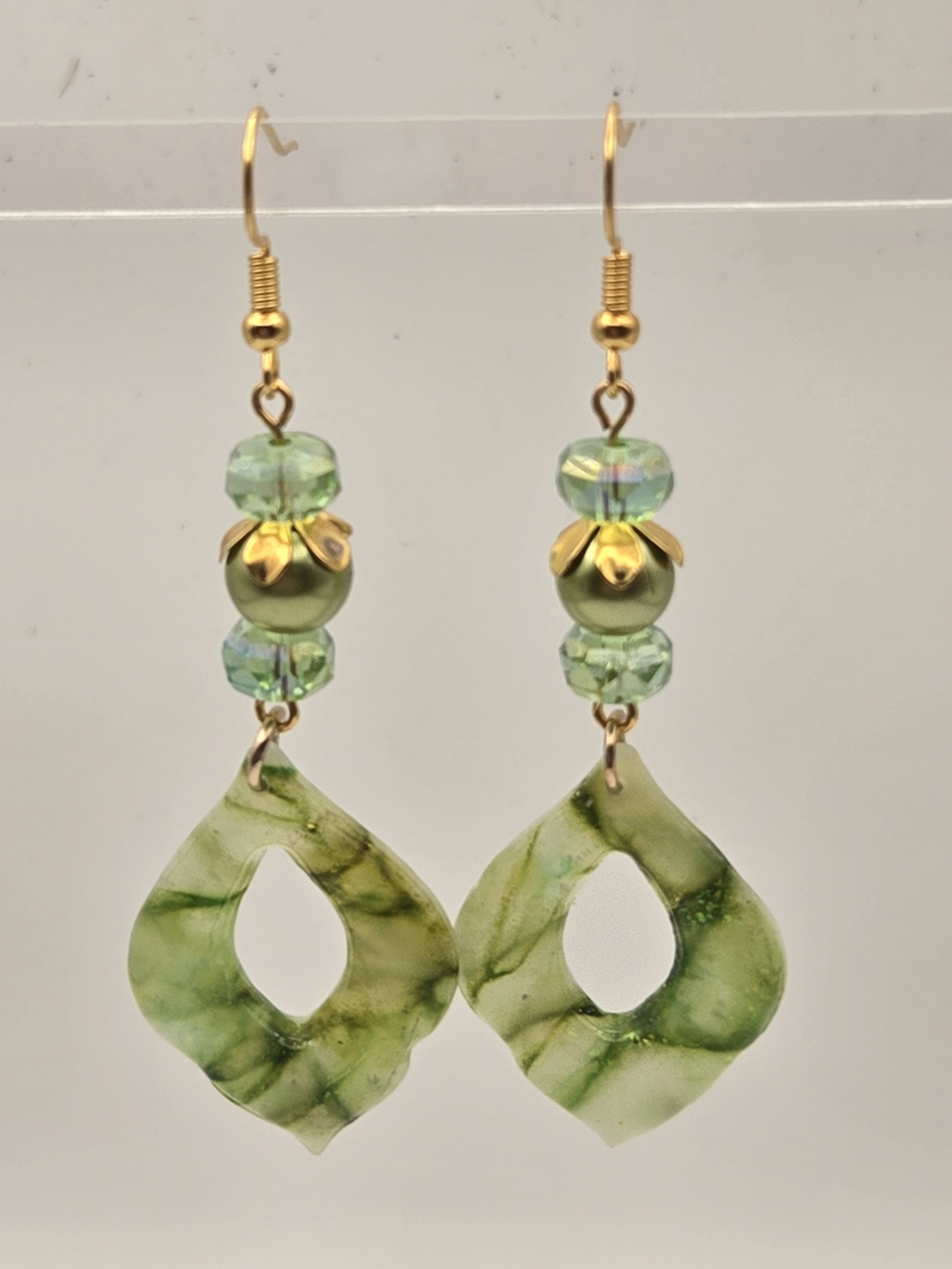 #B494- Green Marbled Drop Earrings with Gold Accents by